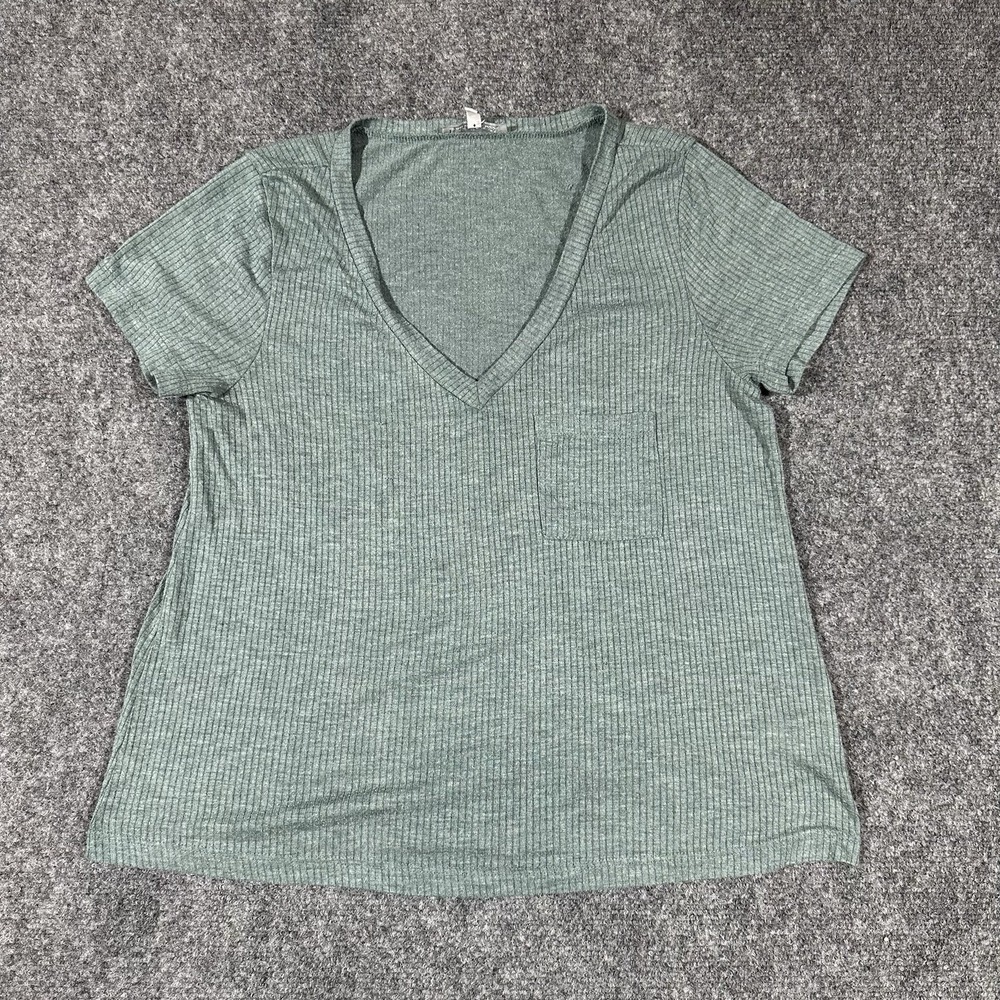 Charlotte Russe Women Sage Green Ribbed V-Neck Pocket T-Shirt AH3194 Size S